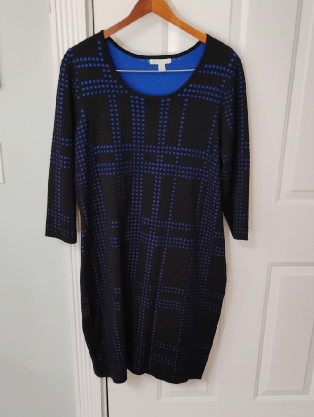 Cato Black Dress with Blue Grid — Long Sleeve Shift